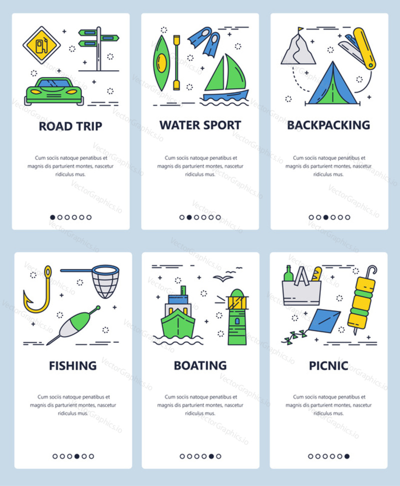 Vector set of mobile app onboarding screens. Road trip, Water sport, Backpacking, Fishing, Boating, Picnic web templates and banners. Thin line art flat icons for website menu.