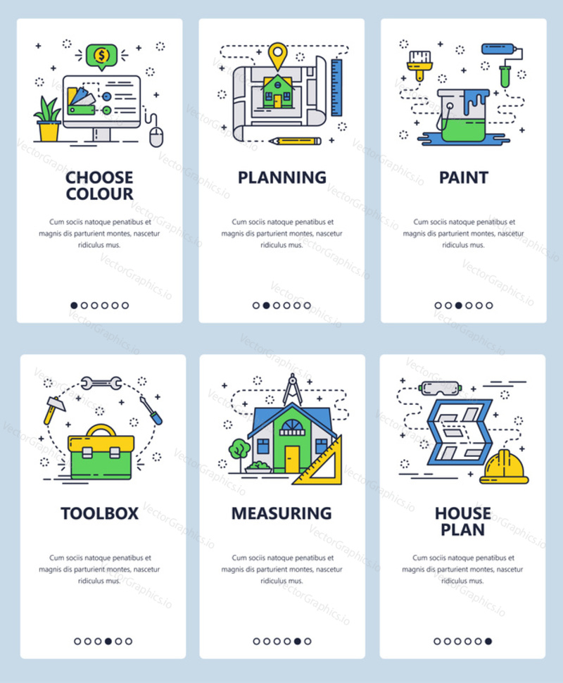 Vector set of mobile app onboarding screens. Choose colour, Planning, Paint, Toolbox, Measuring, House plan web templates and banners. Thin line art flat icons for website menu.