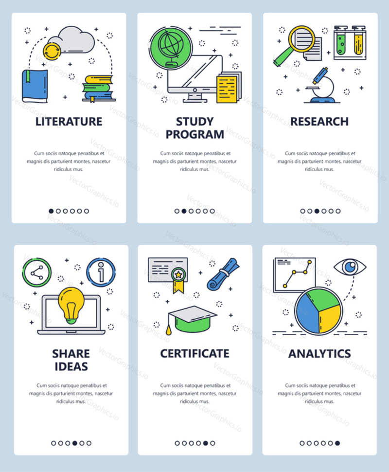 Vector set of mobile app onboarding screens. Literature, Study program, Research, Share ideas, Certificate, Analytics web templates and banners. Thin line art flat icons for website menu.
