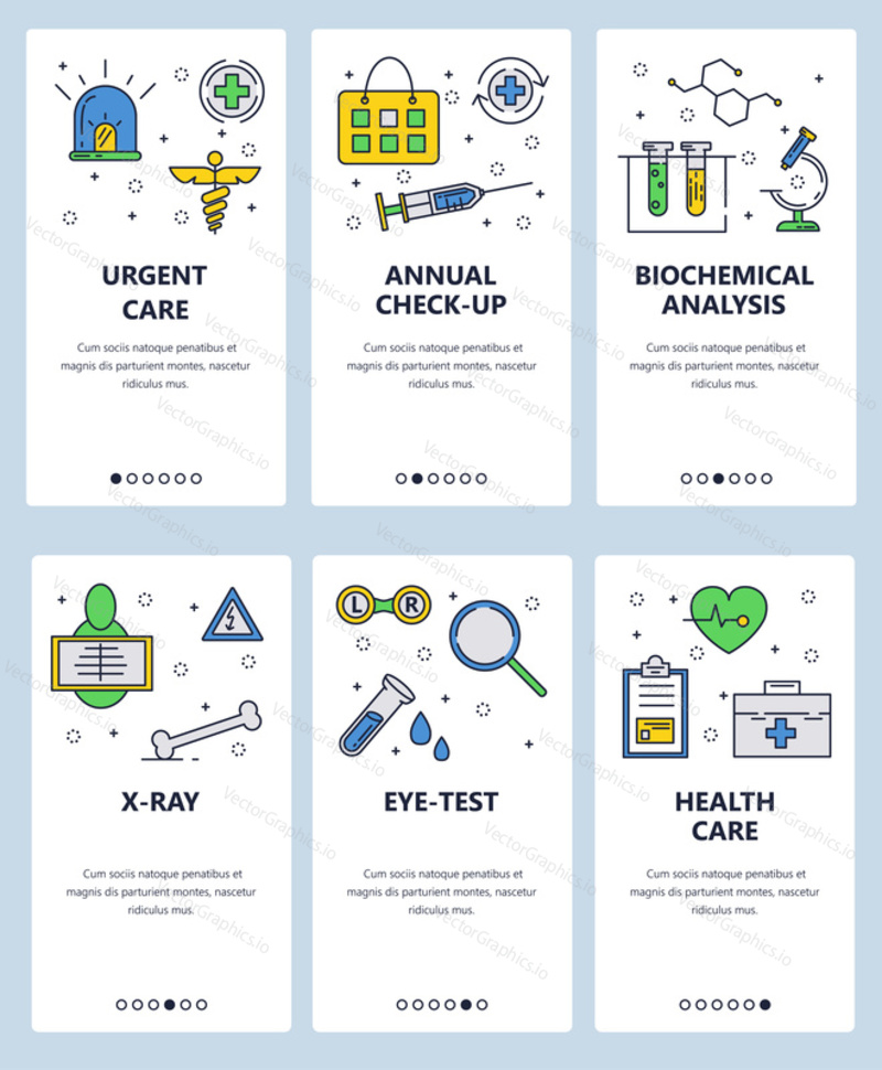 Vector set of mobile app onboarding screens. Urgent care, Annual check-up, Biochemical analysis, X-ray, Eye-test, Health care web templates and banners. Thin line art flat icons for website menu.