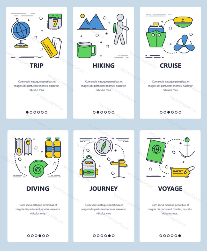 Vector set of mobile app onboarding screens. Trip, Hiking, Cruise, Diving, Journey, Voyage web templates and banners. Thin line art flat icons for website menu.