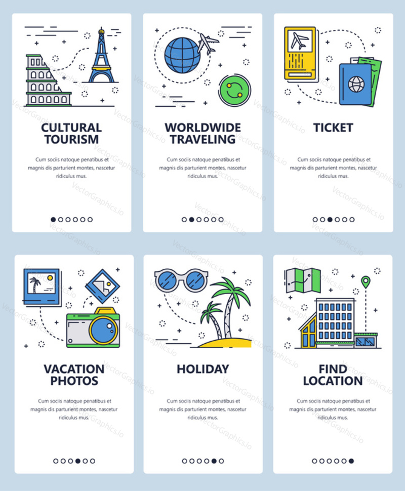 Vector set of mobile app onboarding screens. Cultural tourism, Worldwide traveling, Ticket, Vacation photos, Holiday, Find location web templates, banners. Thin line art flat icons for website menu.