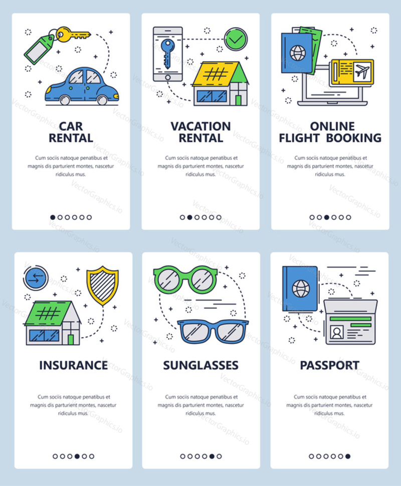 Vector set of mobile app onboarding screens. Car rental, Vacation rental, Online flight booking, Insurance, Sunglasses, Passport web templates, banners. Thin line art flat icons for website menu.
