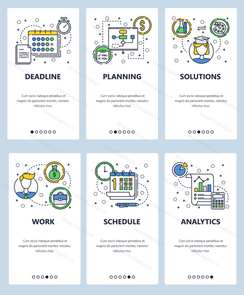 Векторный набор экранов для мобильных приложений. Крайний срок, Планирование, Решения, Работа, Расписание, Аналитические веб-шаблоны, баннеры. Тонкие линии искусства плоские иконки для меню веб-сайта.