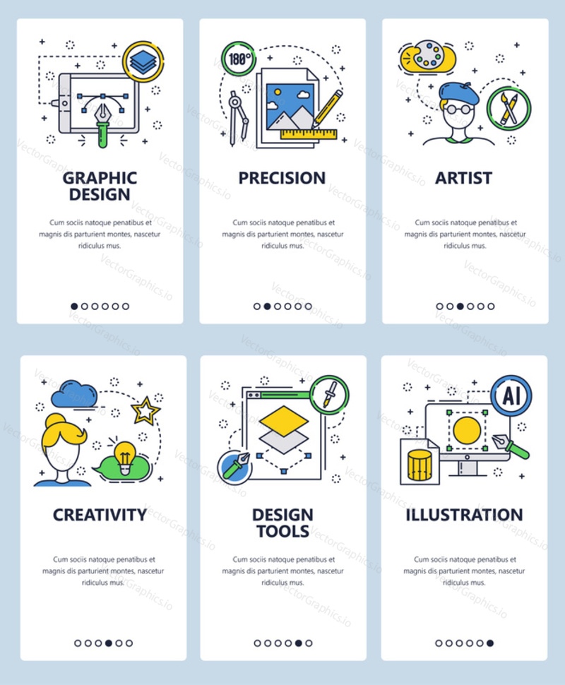 Vector set of mobile app onboarding screens. Graphic design, Precision, Artist, Creativity, Design tools, Illustration web templates, banners. Thin line art flat icons for website menu.