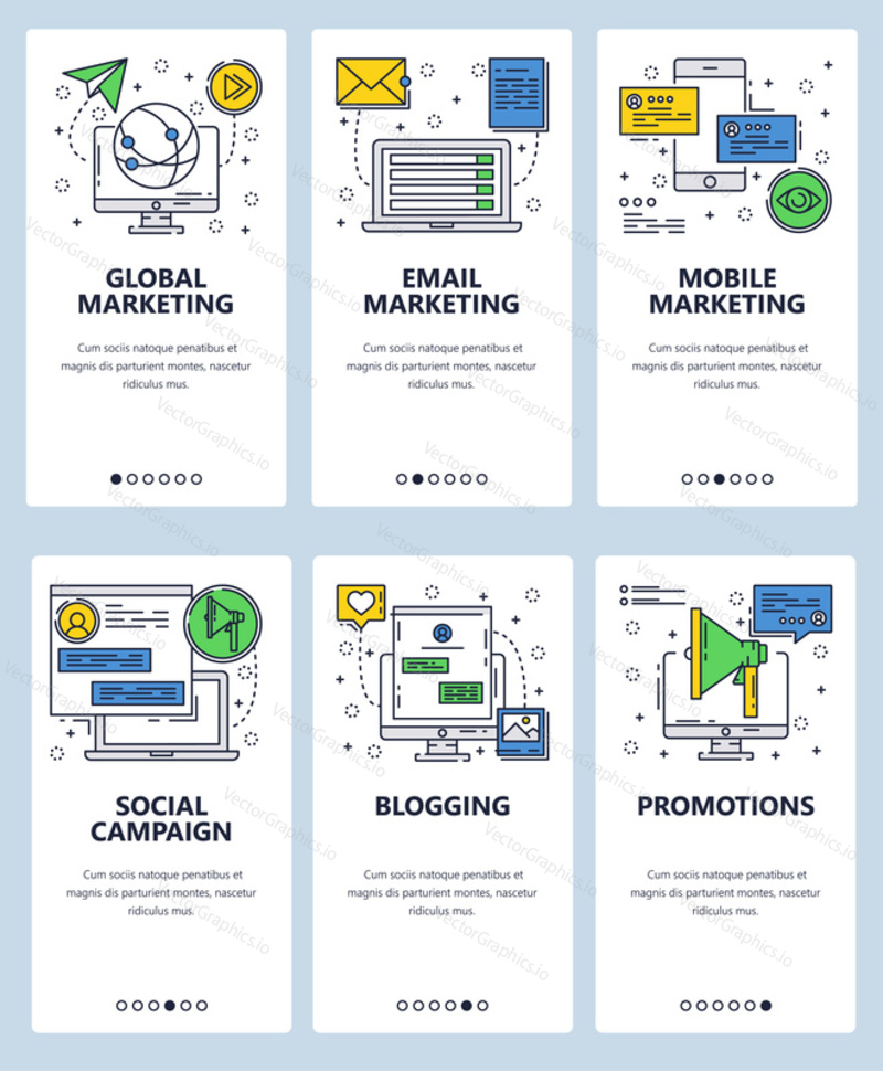 Vector set of mobile app onboarding screens. Global email and mobile marketing, Social campaign, Blogging, Promotions web templates, banners. Thin line art flat icons for website menu.