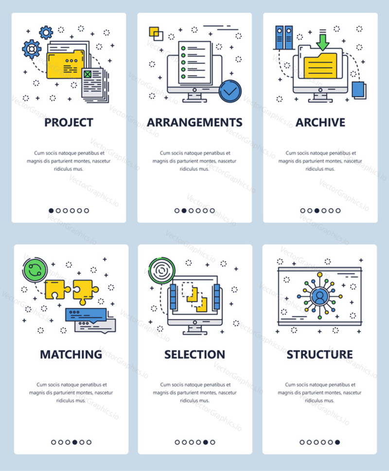 Vector set of mobile app onboarding screens. Project, Arrangements, Archive, Matching, Selection, Structure web templates and banners. Thin line art flat icons for website menu.