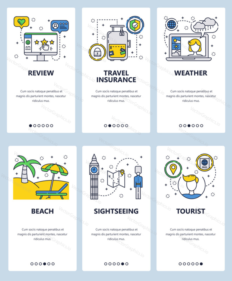 Vector set of mobile app onboarding screens. Review, Travel insurance, Weather, Beach, Sightseeing, Tourist web templates and banners. Thin line art flat icons for website menu.