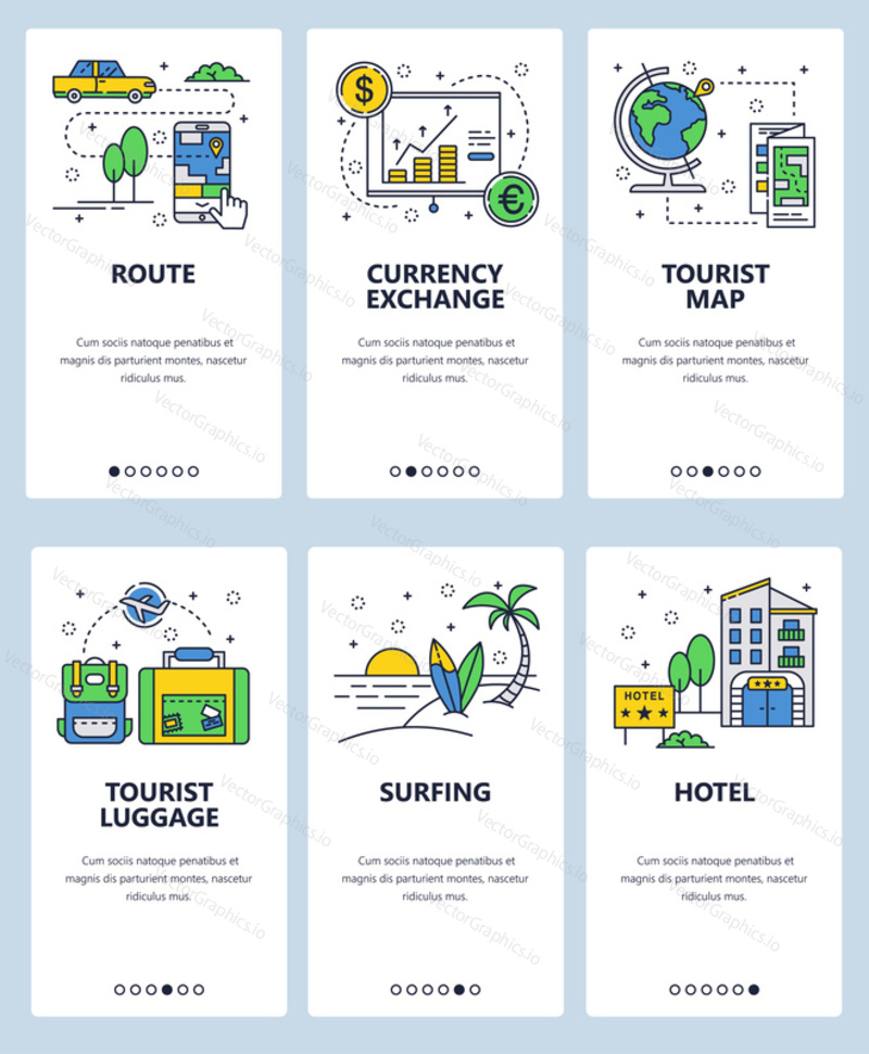 Vector set of mobile app onboarding screens. Route, Currency exchange, Tourist map and luggage, Surfing, Hotel web templates and banners. Thin line art flat icons for website menu.