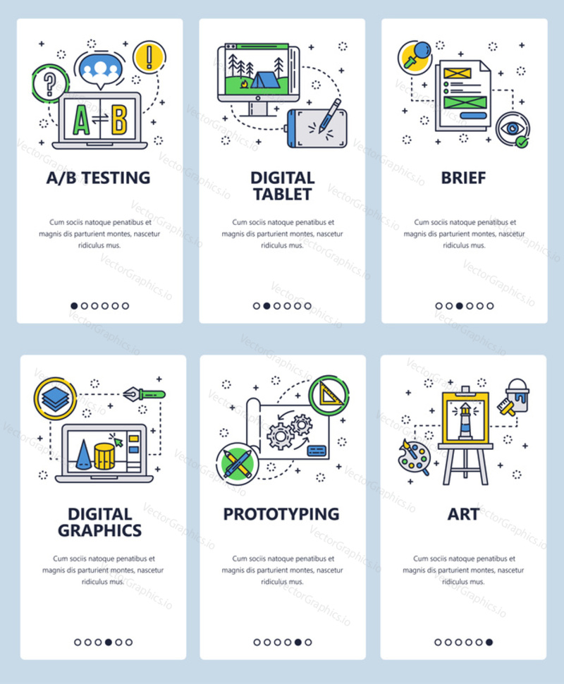 Vector set of mobile app onboarding screens. A B testing, Digital tablet, Brief, Digital graphics, Prototyping, Art web templates and banners. Thin line art flat icons for website menu.