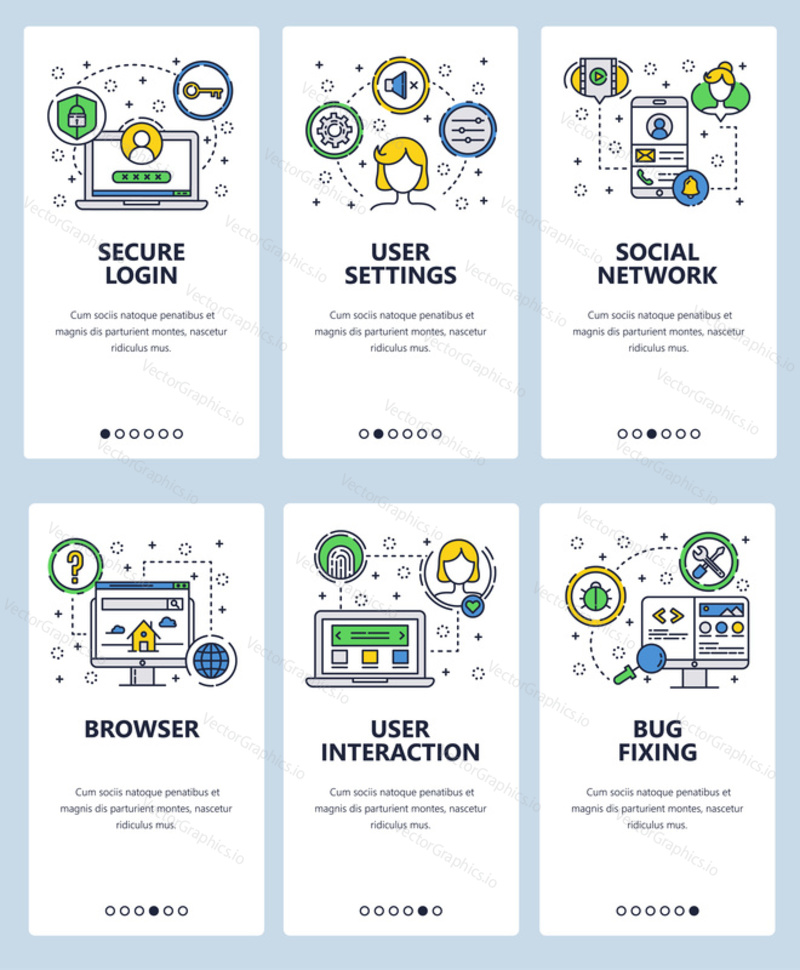 Vector set of mobile app onboarding screens. Secure login, User settings, Social network, Browser, User interaction, Bug fixing web templates and banners. Thin line art flat icons for website menu.