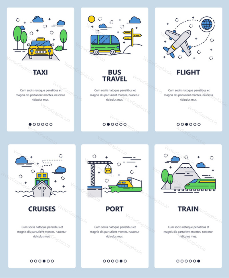 Vector set of mobile app onboarding screens. Taxi, Bus travel, Flight, Cruises, Port, Train web templates and banners. Thin line art flat icons for website menu.