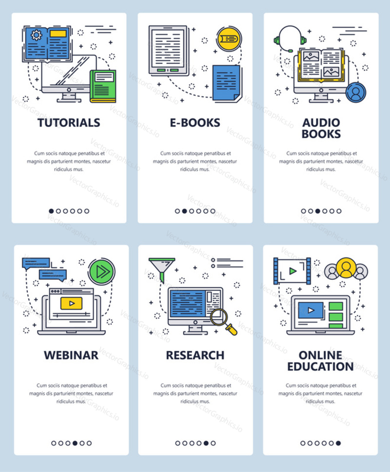 Vector set of mobile app onboarding screens. Tutorials, E-books, Audio books, Webinar, Research, Online education web templates and banners. Thin line art flat icons for website menu.