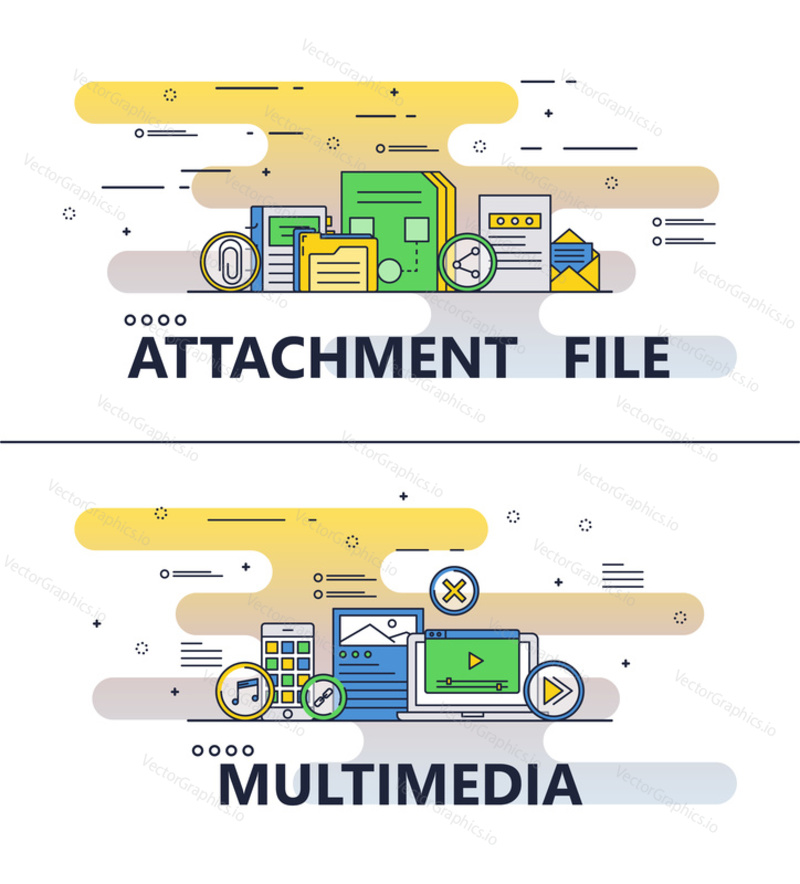 Soubor příloha a multimediální šablony set. Vektorové moderní tenké linie umění plochý styl designové prvky pro webové stránky bannery a tištěných materiálů.