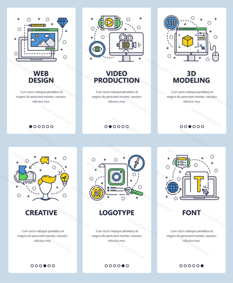 Vector set of mobile app onboarding screens. Web design, Video production, 3D modeling, Creative, Logotype, Font web templates and banners. Thin line art flat icons for website menu.