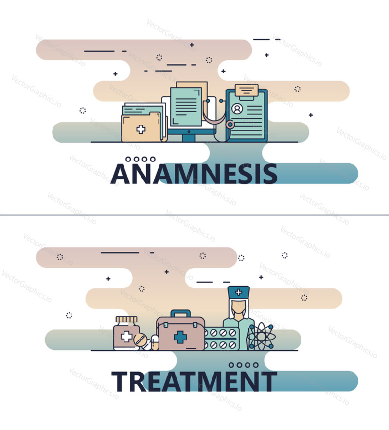 Hospital or medical clinic template set. Vector modern thin line art flat style design elements with medical history and medical treatment symbols, icons for website banners and printed materials.