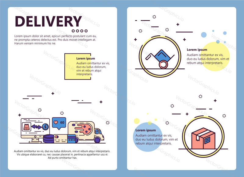 Delivery service web banner, poster, flyer, leaflet, brochure template. Vector modern thin line art flat style design illustration.