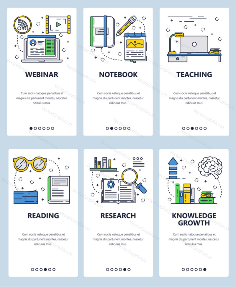 Vector set of mobile app onboarding screens. Webinar, Notebook, Teaching, Reading, Research, Knowledge growth web templates and banners. Thin line art flat icons for website menu.