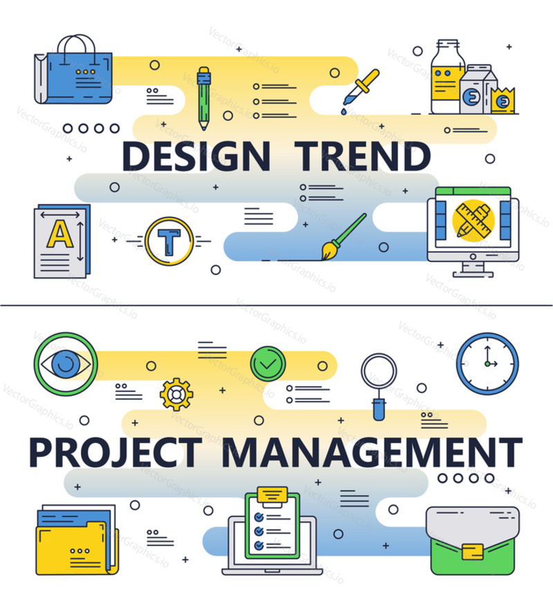 Design trend and project management template set. Vector thin line art flat style design elements, icons for website banners and printed materials.