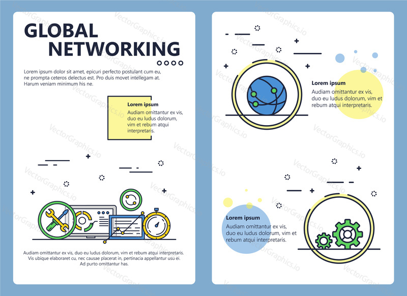 Globální networking web banner, plakát, leták, leták, brožura šablony. Vektorové moderní tenké linie umění plochý styl design ilustrace.