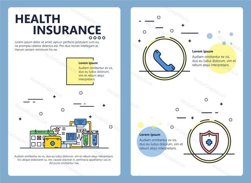 Health insurance company web banner, poster, flyer, leaflet, brochure template. Vector modern thin line art flat style design illustration.