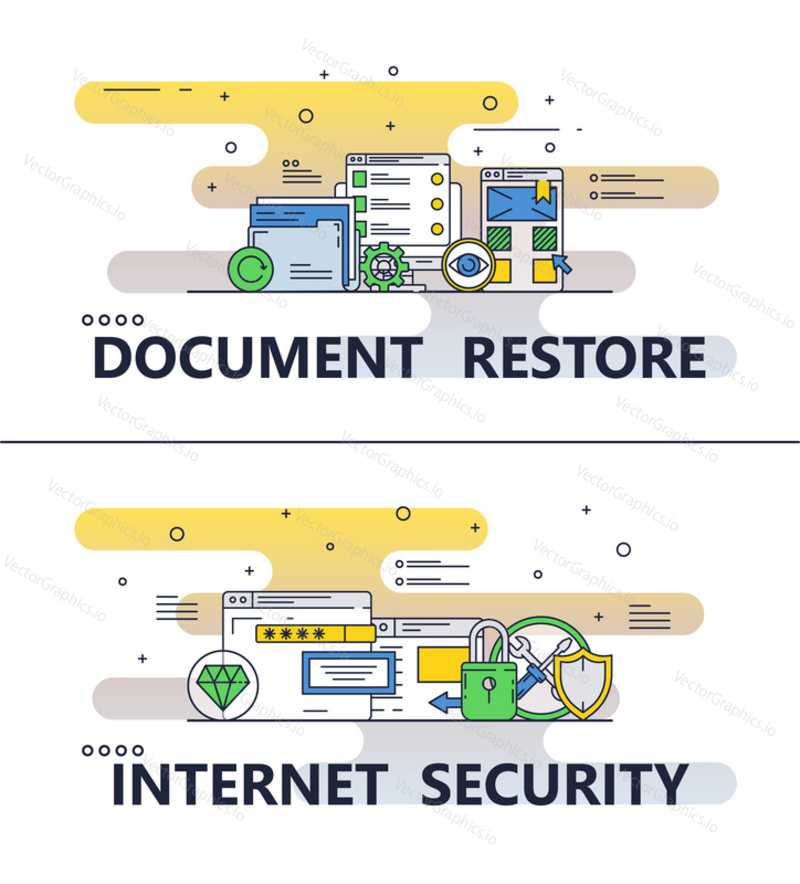 Восстановление документов и набор шаблонов интернет-безопасности. Векторные элементы дизайна в стиле тонкой линии, значки для баннеров веб-сайта и печатных материалов.