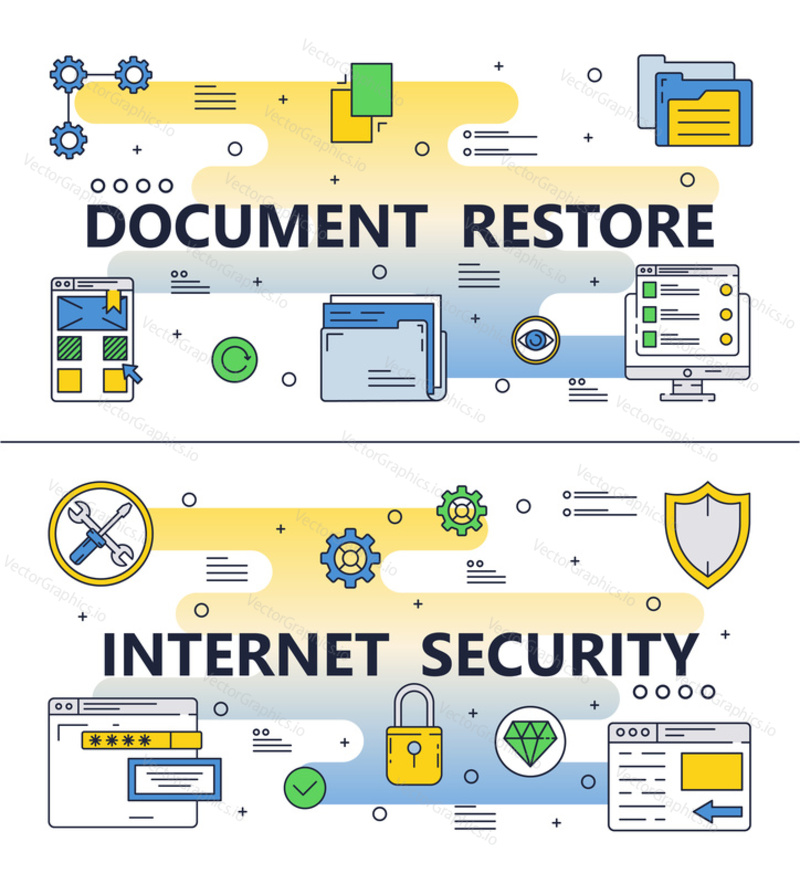 Document restore and internet security template set. Vector thin line art flat style design elements, icons for website banners and printed materials.