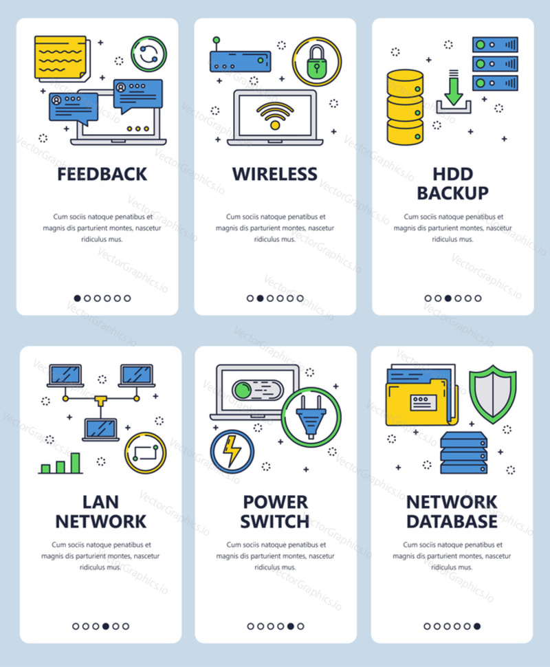 Vector set of mobile app onboarding screens. Feedback, Wireless, HDD backup, Lan network, Power switch, Network database web templates and banners. Thin line art style design icons for website menu.
