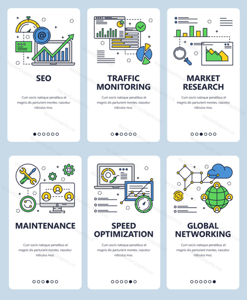 Векторный набор экранов для мобильных приложений. SEO, Мониторинг трафика, Маркетинговые исследования, Техническое обслуживание, Оптимизация скорости, Глобальные сетевые веб-шаблоны и баннеры. Значки дизайна в стиле тонкой линии.