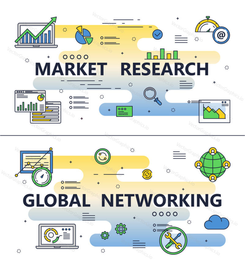 Market research and Global networking template set. Vector thin line art flat style design elements, icons for website banners and printed materials.