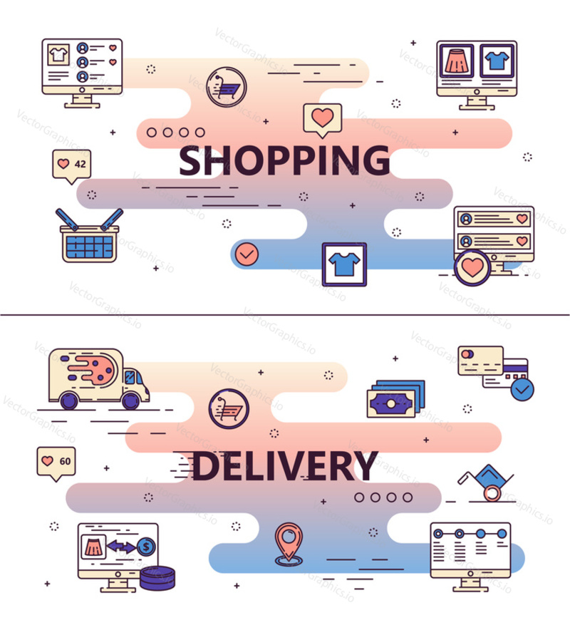 Shopping and delivery service template set. Vector thin line art flat style design elements with online shopping and delivery icons for website banners and printed materials.