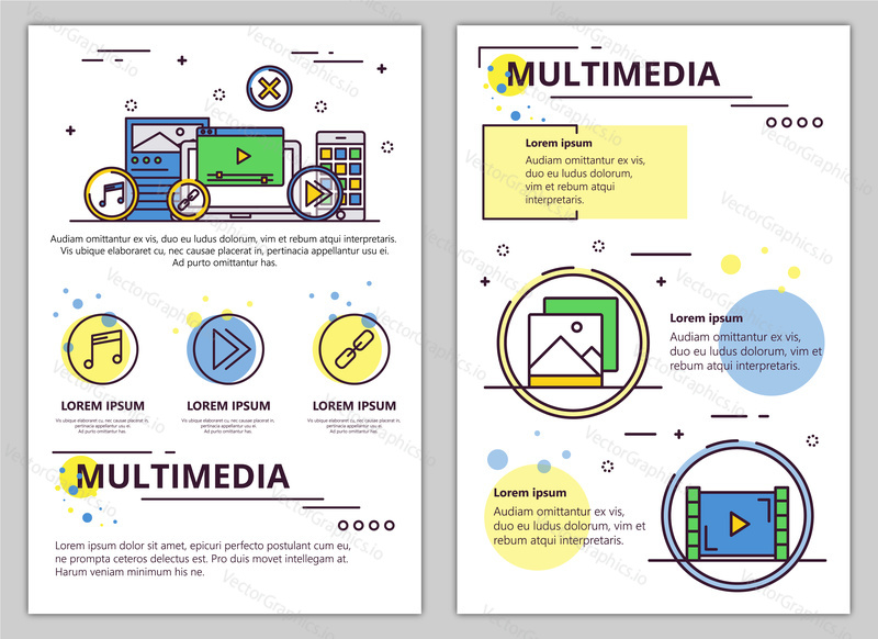 Multimedia web banner, poster, flyer, leaflet, brochure template. Vector modern thin line art flat style design illustration.