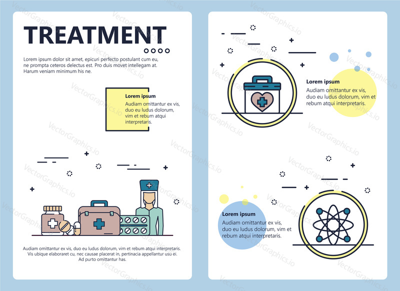 Medical treatment web banner, poster, flyer, leaflet, brochure template. Vector modern thin line art flat style design illustration.