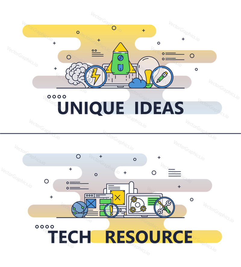 Unique ideas and Tech resource template set. Vector thin line art flat style design elements, icons for website banners and printed materials.