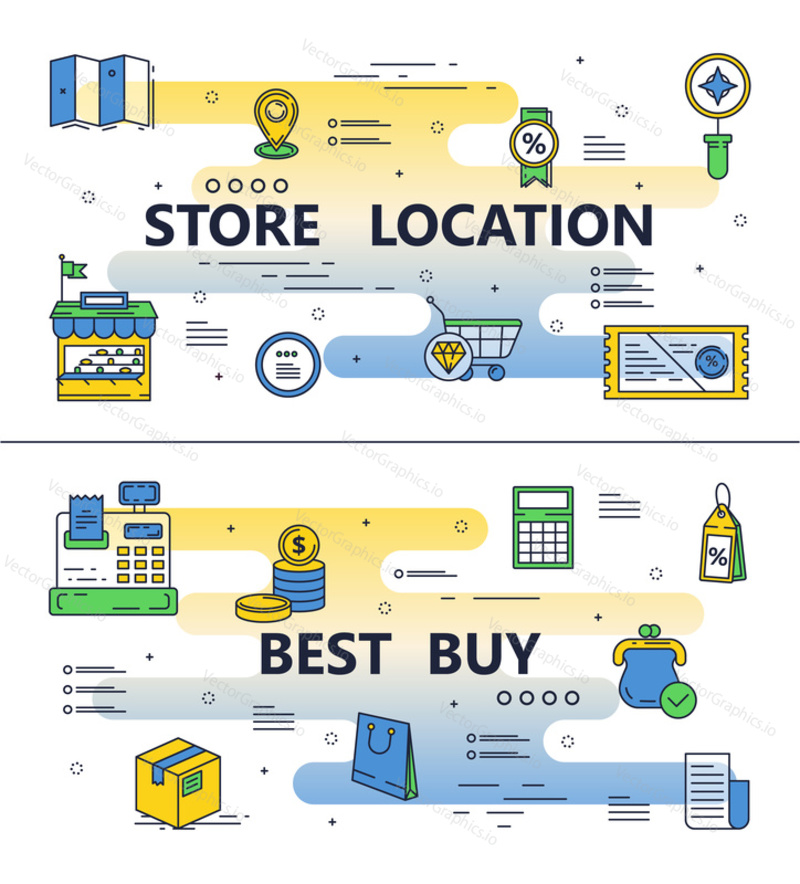 Store location and Best buy template set. Vector thin line art flat style design elements, icons for website banners and printed materials.