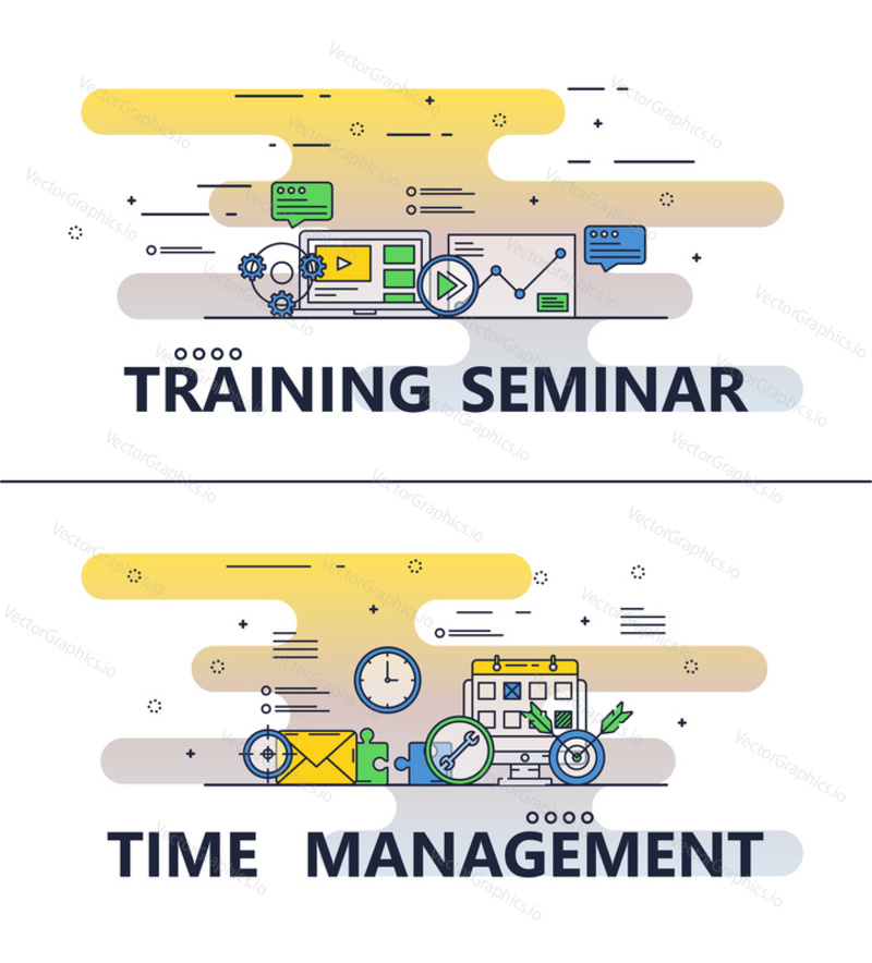 Training seminar and Time management template set. Vector thin line art flat style design elements with business education icons for website banners and printed materials.
