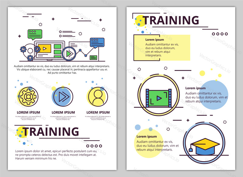 Education and training web banner, poster, flyer, leaflet, brochure template. Vector modern thin line art flat style design illustration.