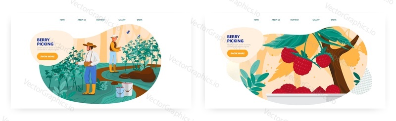 Berry picking landing page design, website banner template set, flat vector illustration. Farmers harvesting ripe raspberries in the garden. Raspberry harvest season.