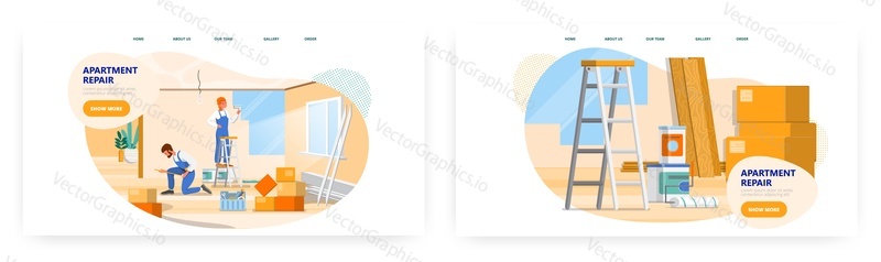 Apartment repair landing page design, website banner template set, flat vector illustration. Wall restoration, home renovation and repair service.