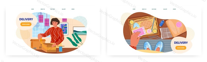 Delivery landing page design, website banner template set, flat vector illustration. Woman packing parcel. Online delivery service.