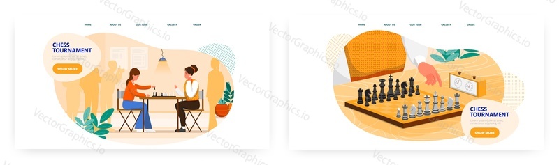 Chess tournament landing page design, website banner template set, flat vector illustration. Wooden chessboard, figures. Two women playing chess board game.