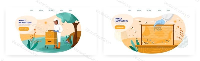 Honey harvesting landing page design, website banner template set, flat vector illustration. Apiary farm. Bee hive. Beekeeper harvesting sweet honey. Apiculture, beekeeping.