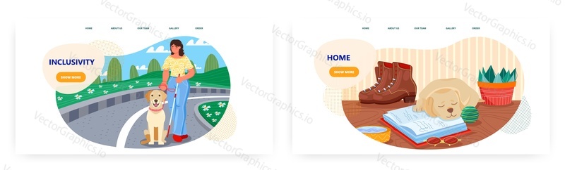 Inclusivity landing page design, website banner template set, flat vector illustration. Woman with visual impairment. Blind woman with cane and guide dog. Disabled person lifestyle.