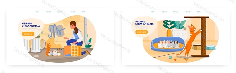Dobrovolník pomáhá toulavým zvířatům, design vstupní stránky, sada šablon webových stránek, ilustrace plochého vektoru. Záchrana zvířat, péče o domácí zvířata, dobrovolnictví, přístřeší pro domácí zvířata.