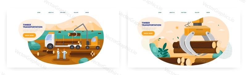 Timber transportation landing page design, website banner template set, flat vector illustration. Timber loader loading logs on the truck. Forestry, woodworking, wood or lumber industry.