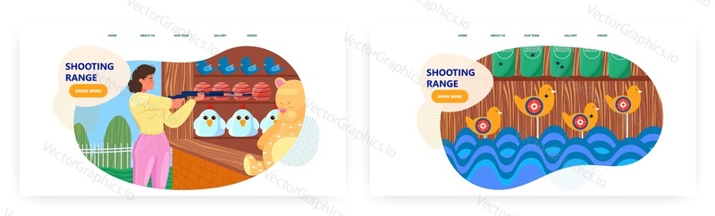Shooting range landing page design, website banner template set, flat vector illustration. Shooting gallery amusement park attraction. Entertainment.