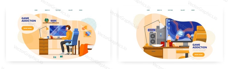 Video game addiction landing page design, website banner template set, flat vector illustration. Teenage boy in headphones playing video game for a long time. Mental health disorder.