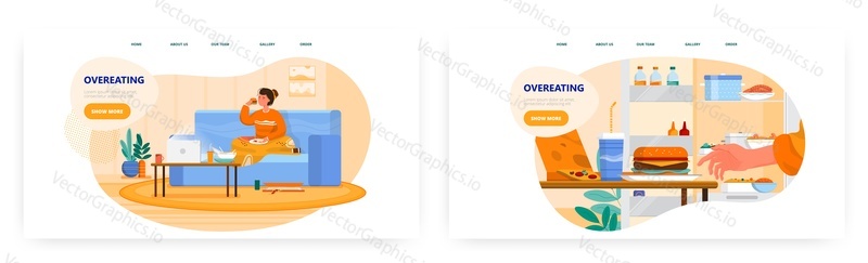 Overeating addiction landing page design, website banner template set, flat vector illustration. Young woman enjoying pizza, burger. Girl eating junk food, snack, unhealthy fast food.