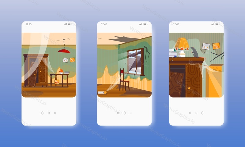 Abandoned apartment. Empty dirty living room with broken window, cracked wall, rat. Mobile app screens. Vector banner template for website and mobile development. Web site and UI design illustration.