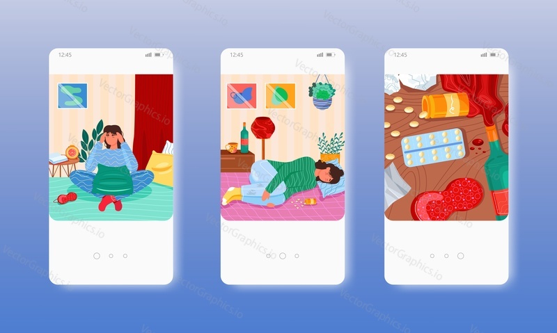 Depression. Mental health disorder, insomnia, stress. Mobile app screens. Vector banner template for website and mobile development. Web site and UI design illustration.